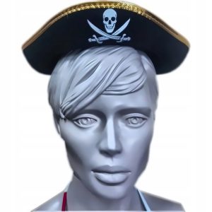 Czapka pirata 51 cm czarna z czaszką i złotą obwódką 4 szt
