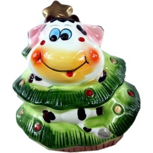 Skarbonka ceramiczna krówka w choince 15x15 cm Boże Narodzenie 36 szt